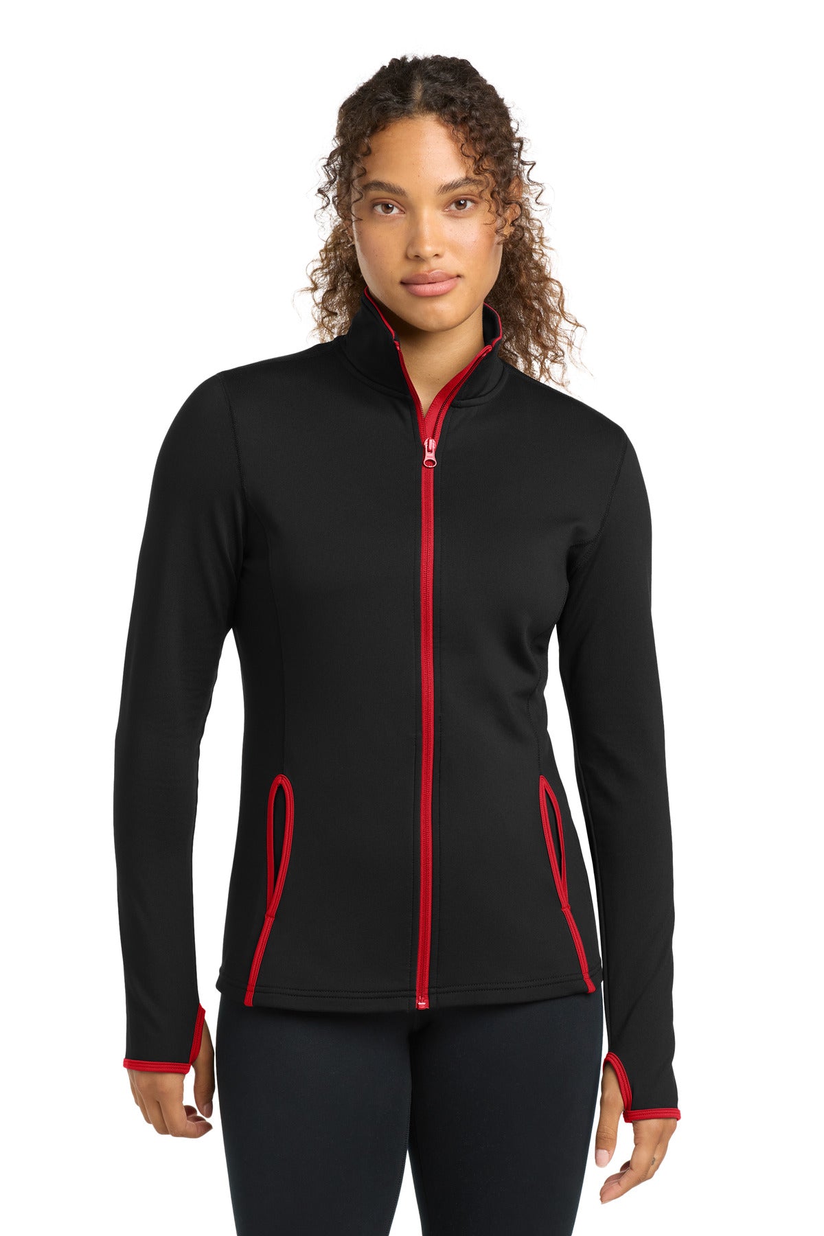 Sport-Tek Women's Sport-Wick Stretch Contrast Full-Zip Jacket.  LST853 in Black/ True Red
