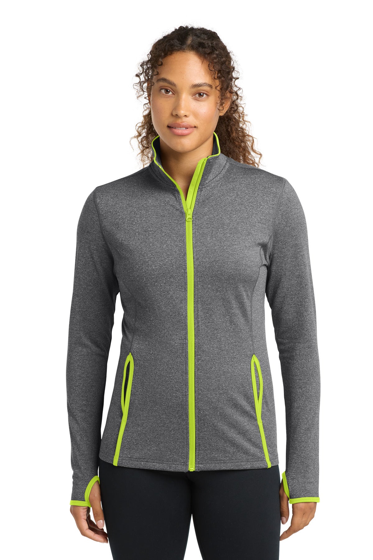 Sport-Tek Women's Sport-Wick Stretch Contrast Full-Zip Jacket.  LST853 in Charcoal Grey Heather/ Charge Green