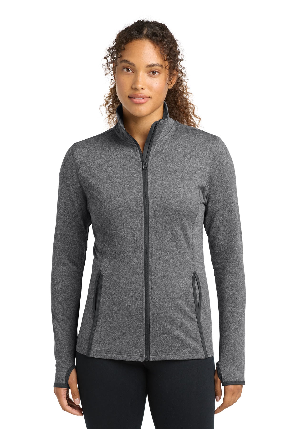 Sport-Tek Women's Sport-Wick Stretch Contrast Full-Zip Jacket.  LST853 in Charcoal Grey Heather/ Charcoal Grey