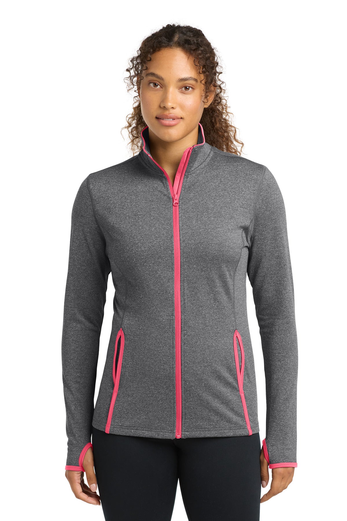 Sport-Tek Women's Sport-Wick Stretch Contrast Full-Zip Jacket.  LST853 in Charcoal Grey Heather/ Hot Coral