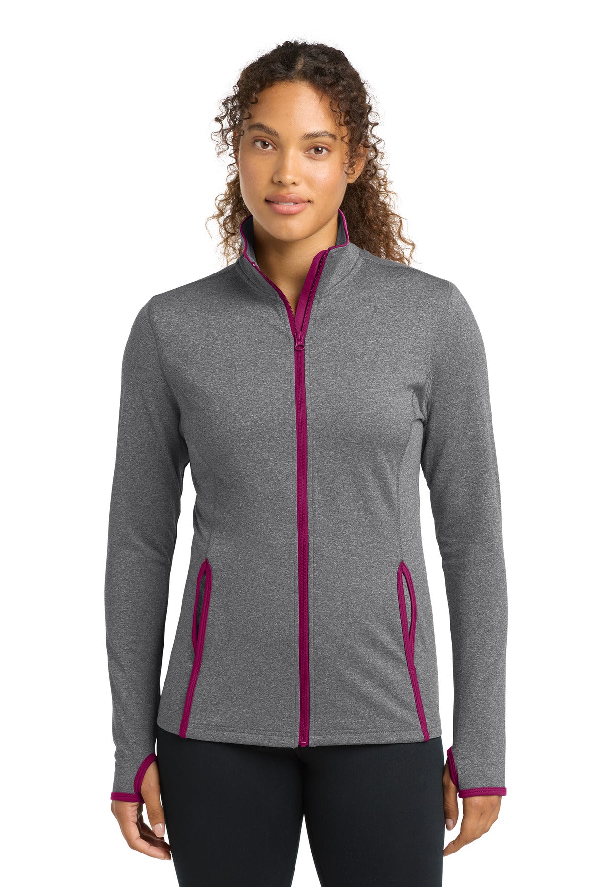 Sport-Tek Women's Sport-Wick Stretch Contrast Full-Zip Jacket.  LST853 in Charcoal Grey Heather/ Pink Rush