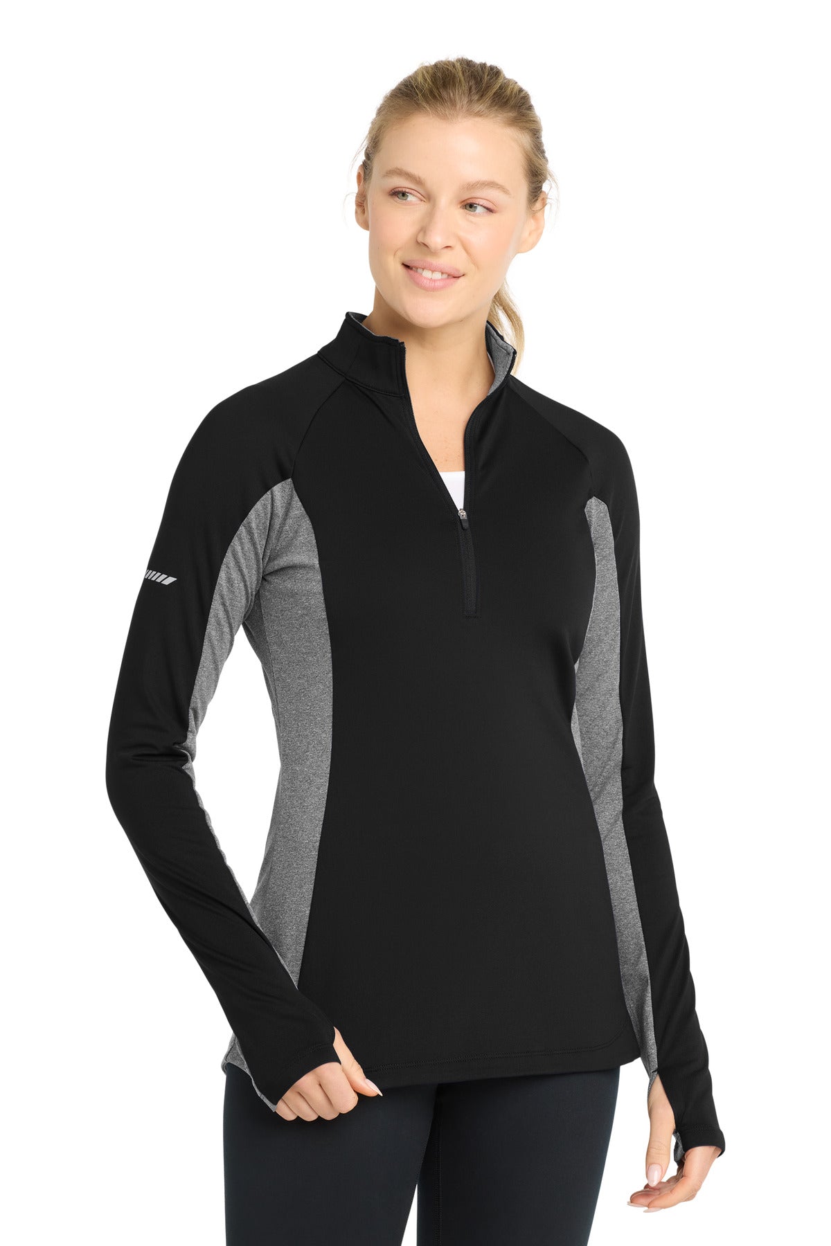 Sport-Tek Women's Sport-Wick Stretch Contrast 1/4-Zip Pullover. LST854 in Black/ Charcoal Grey Heather