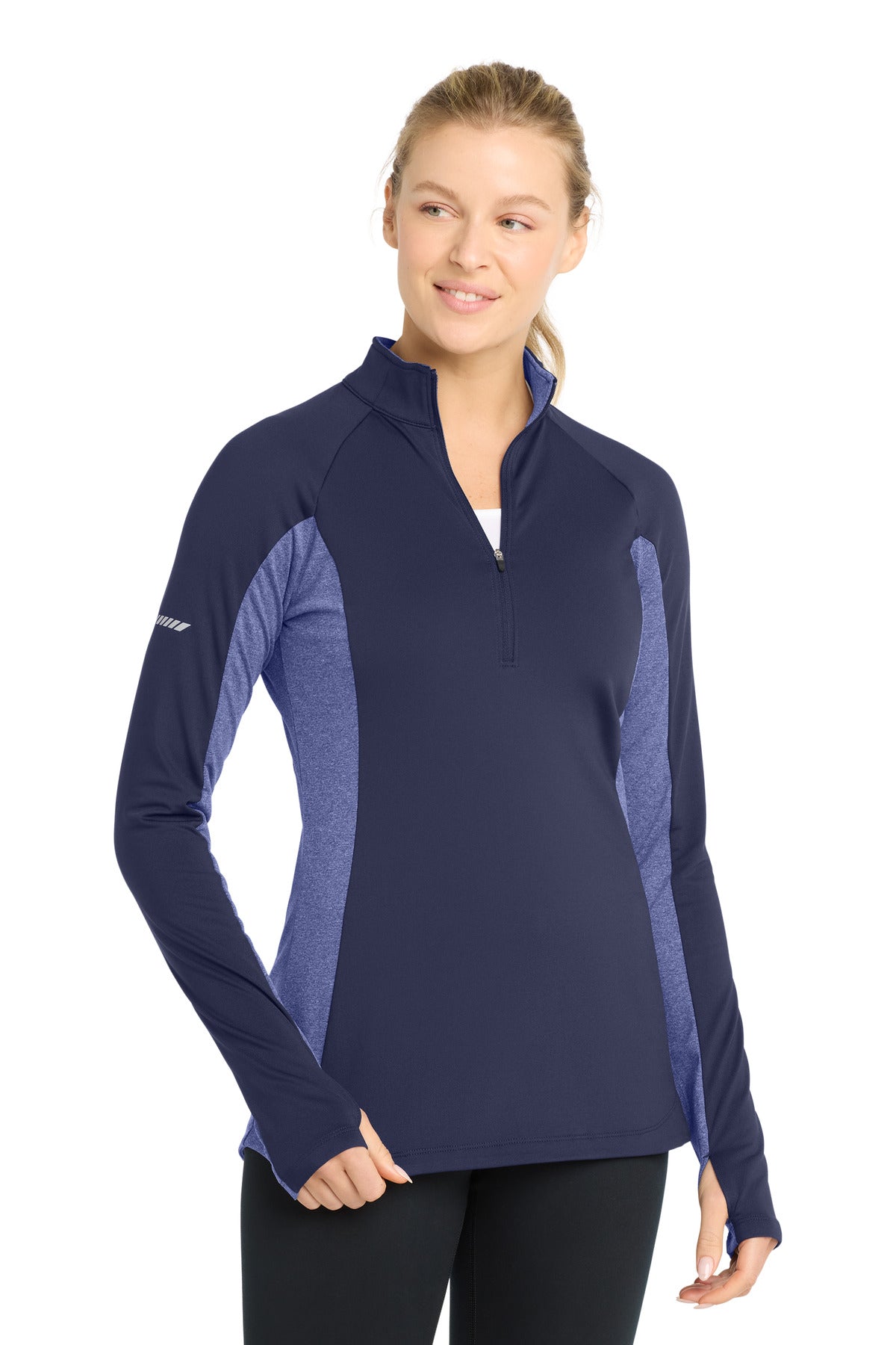 Sport-Tek Women's Sport-Wick Stretch Contrast 1/4-Zip Pullover. LST854 in True Navy/ True Navy Heather