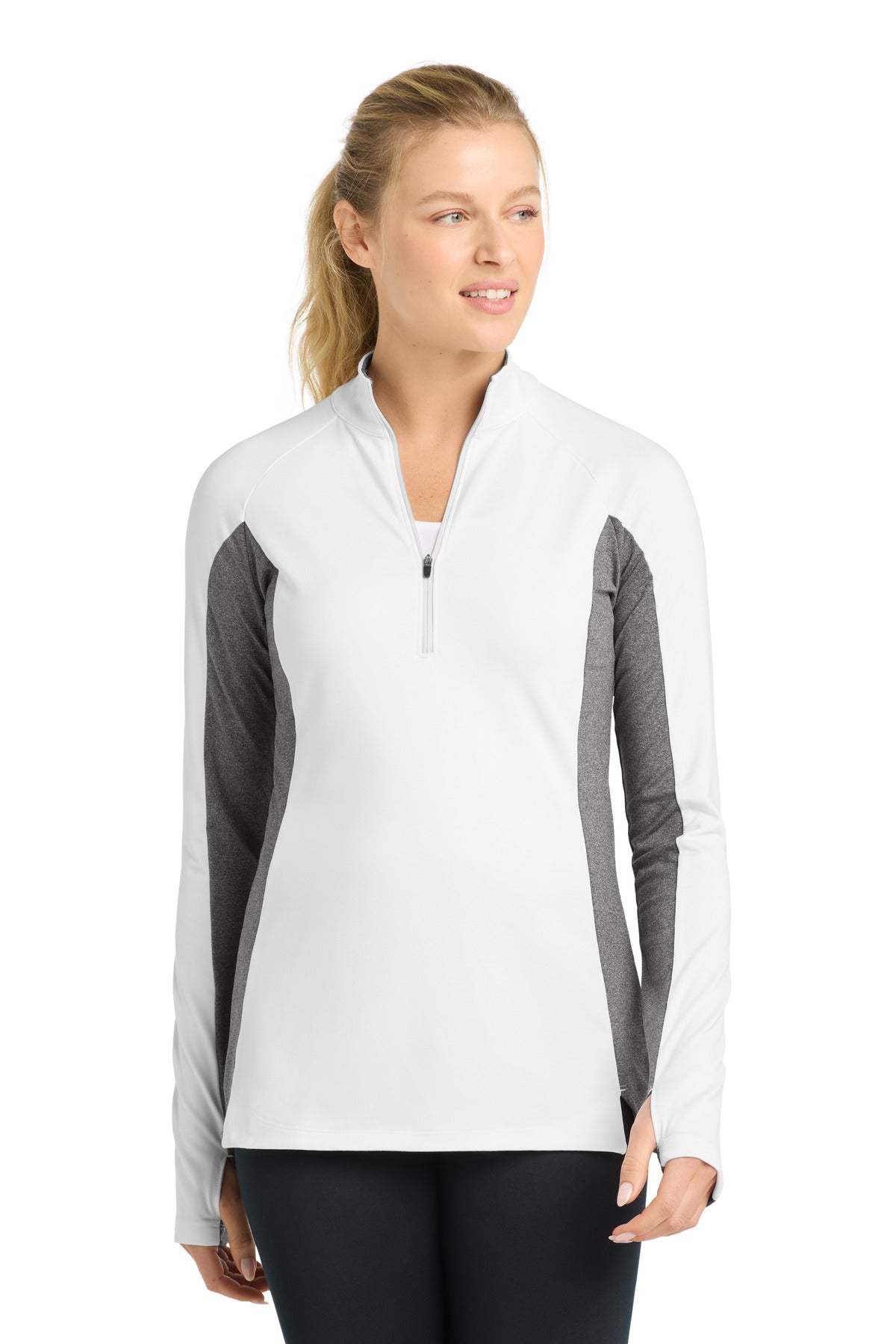 Sport-Tek Women's Sport-Wick Stretch Contrast 1/4-Zip Pullover. LST854 in White/ Charcoal Grey Heather