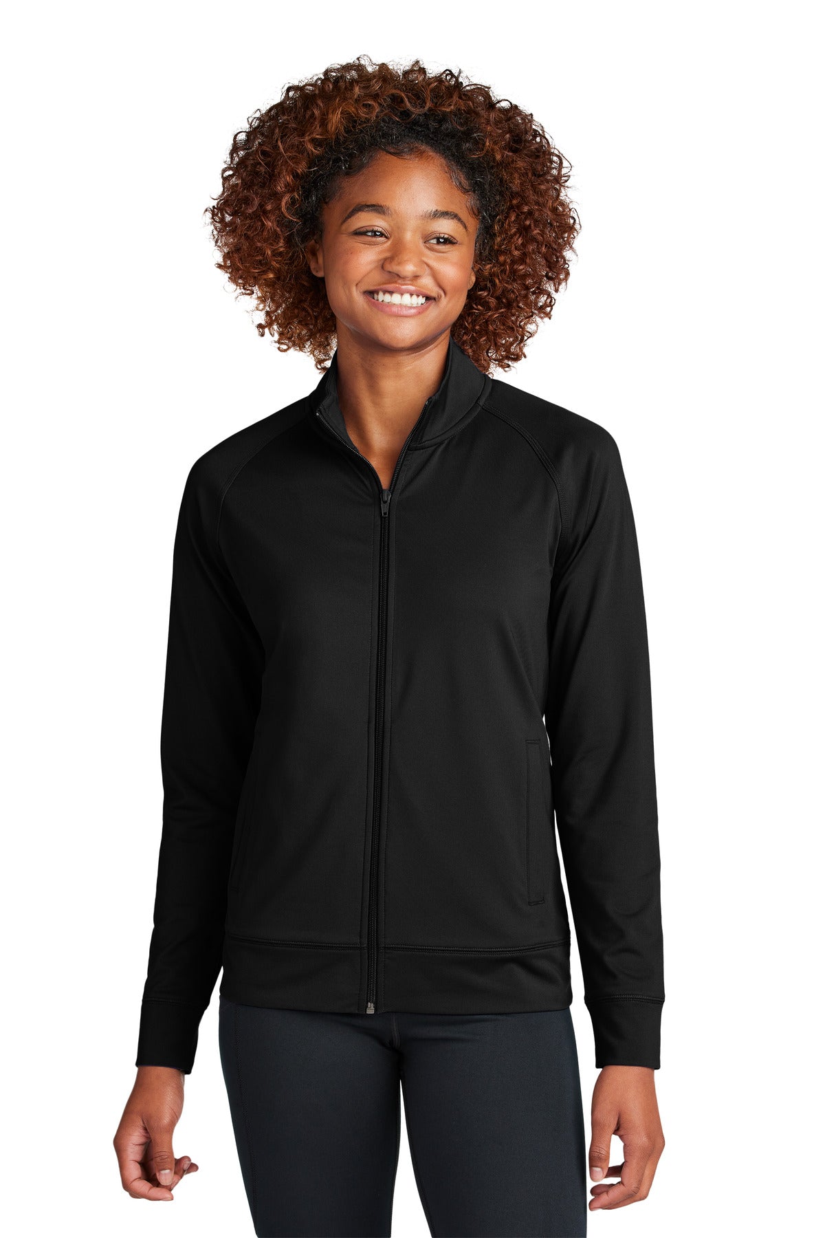 Sport-Tek Women's Sport-Wick Stretch Full-Zip Cadet Jacket LST857 in Black