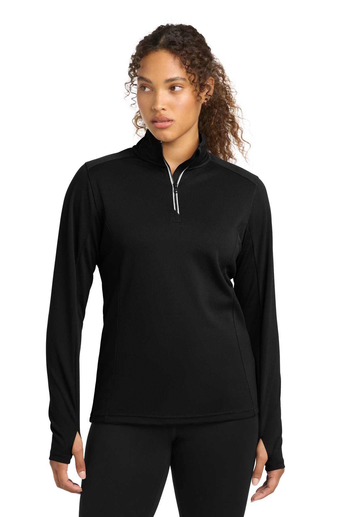 Sport-Tek Women's Sport-Wick Textured 1/4-Zip Pullover.  LST860 in Black