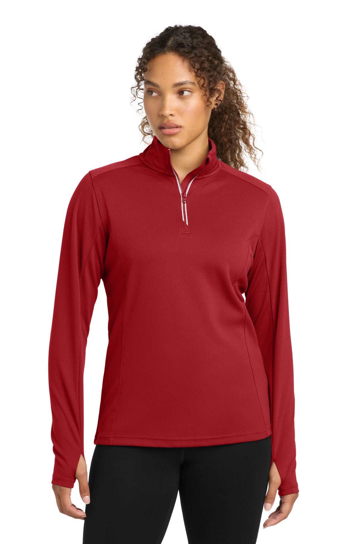 Sport-Tek Women's Sport-Wick Textured 1/4-Zip Pullover.  LST860 in Deep Red