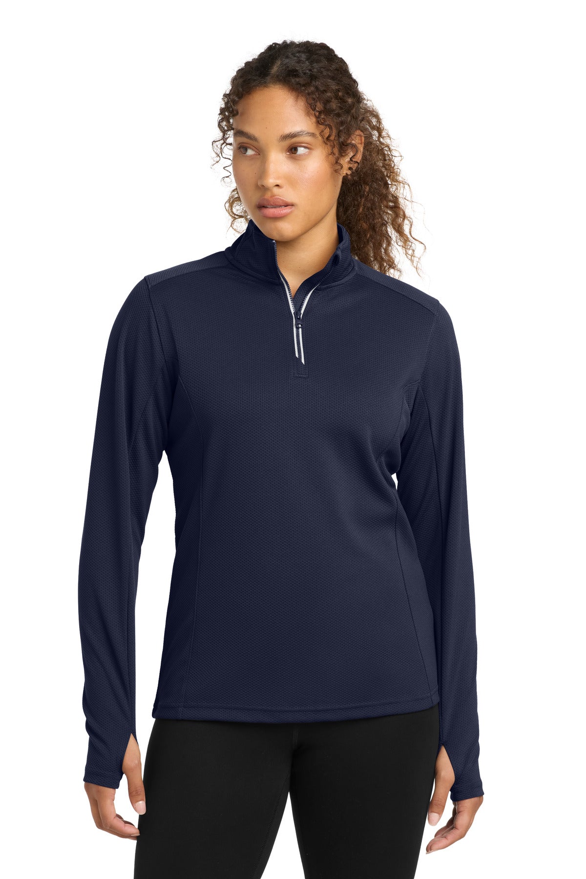 Sport-Tek Women's Sport-Wick Textured 1/4-Zip Pullover.  LST860 in True Navy
