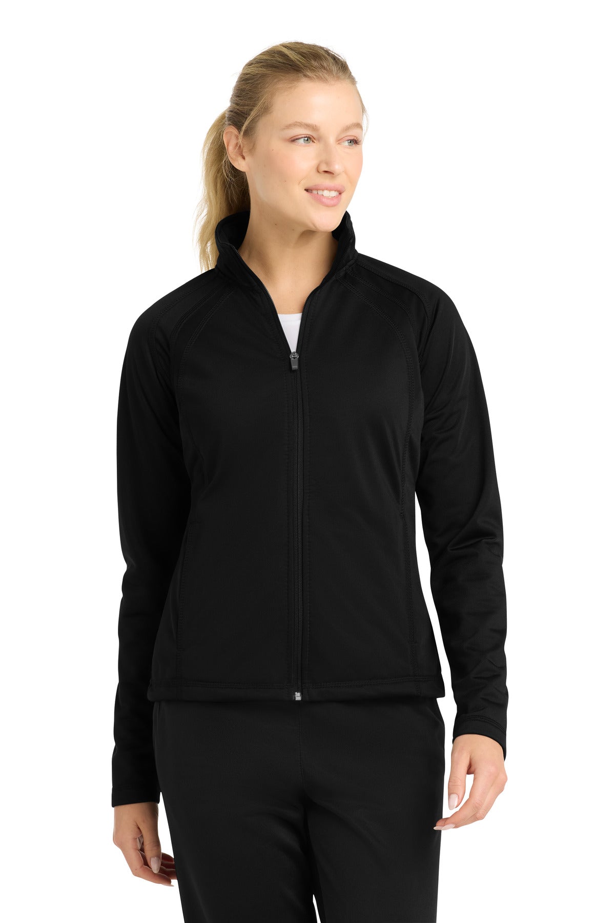Sport-Tek Women's Tricot Track Jacket. LST90 in Black/ Black