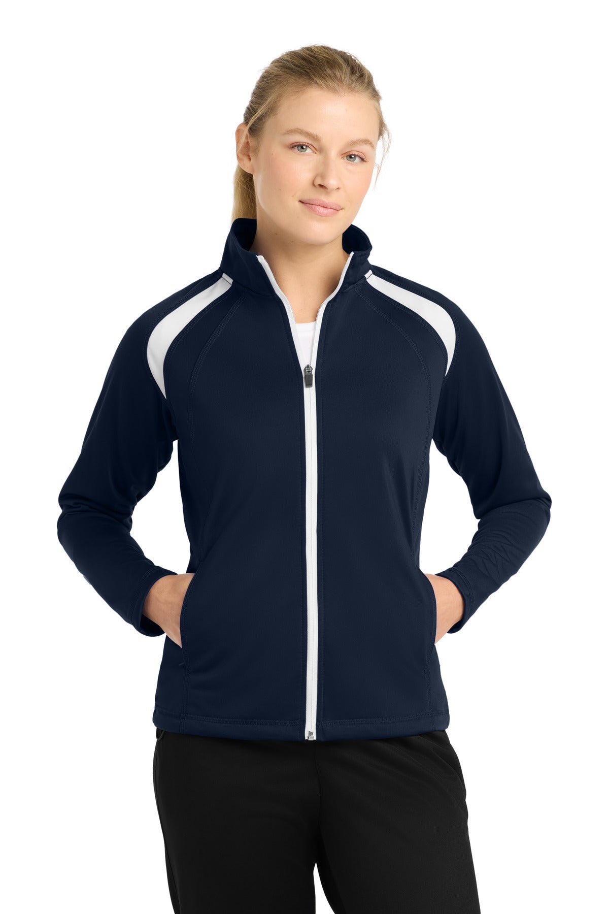 Sport-Tek Women's Tricot Track Jacket. LST90 in True Navy/ White