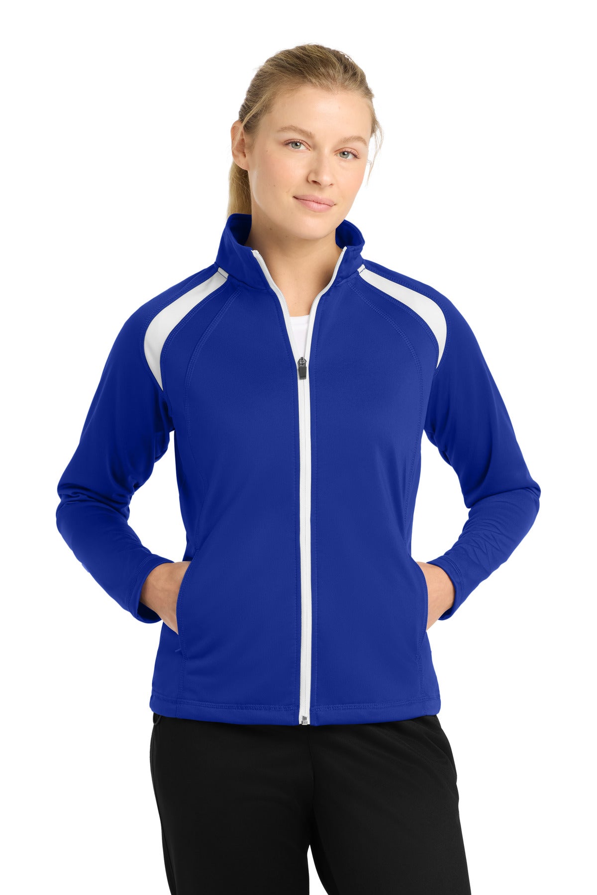 Sport-Tek Women's Tricot Track Jacket. LST90 in True Royal/ White