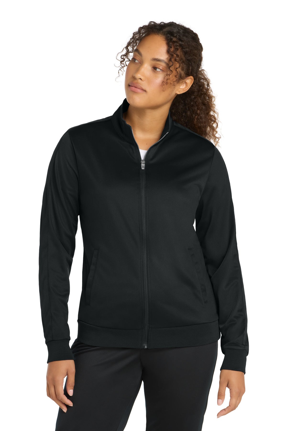 Sport-Tek  Women's Tricot Sleeve Stripe Track Jacket. LST94 in Black/ Black