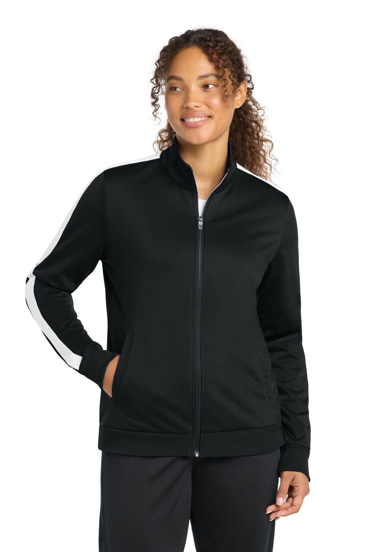 Sport-Tek  Women's Tricot Sleeve Stripe Track Jacket. LST94 in Black/ White