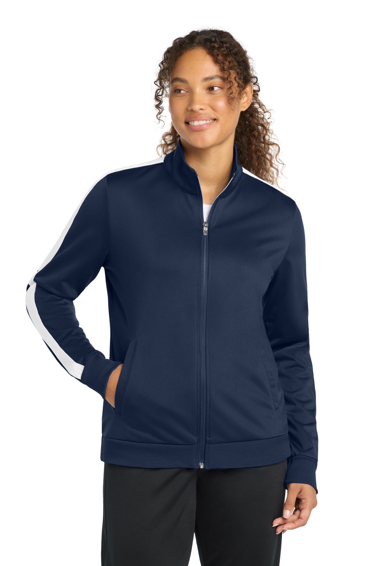 Sport-Tek  Women's Tricot Sleeve Stripe Track Jacket. LST94 in True Navy/ White