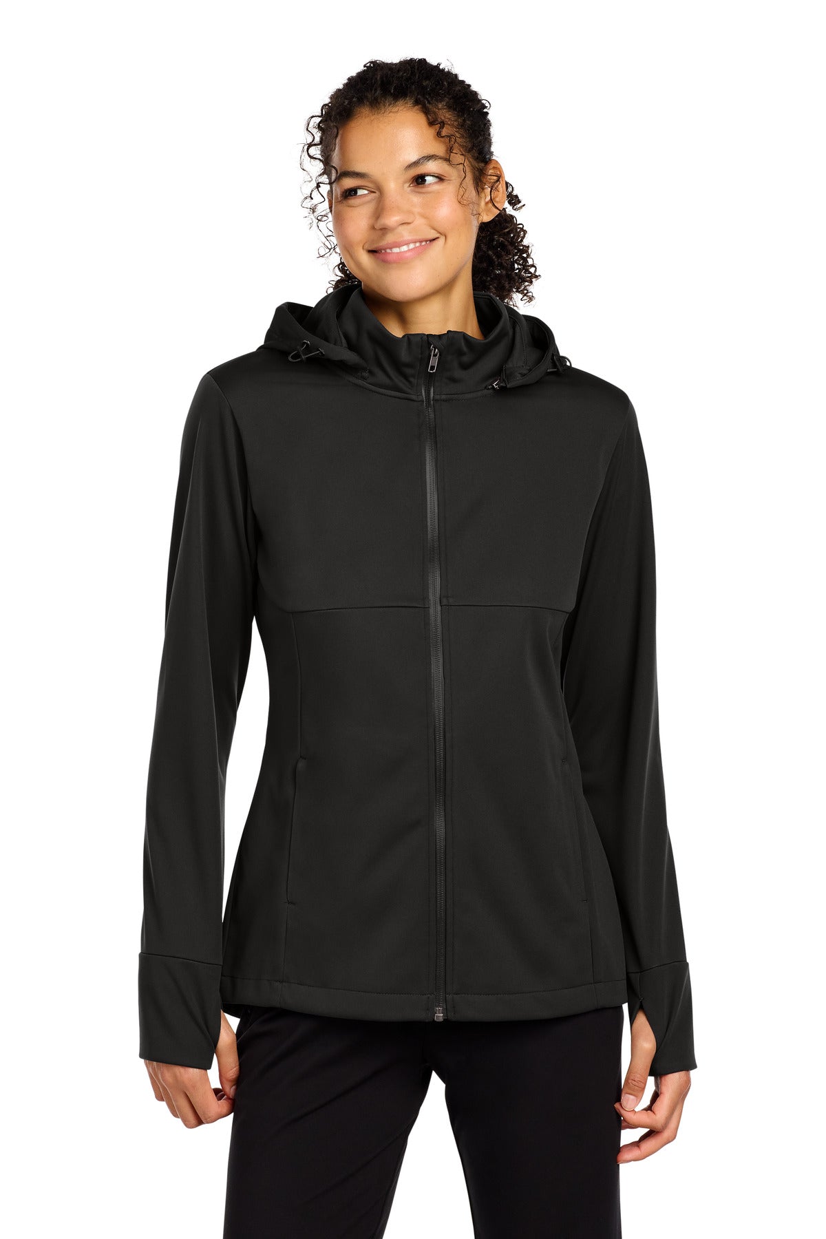 Sport-Tek Women's Hooded Soft Shell Jacket LST980 in Deep Black