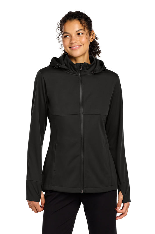 Sport-Tek Women's Hooded Soft Shell Jacket LST980 in Deep Black