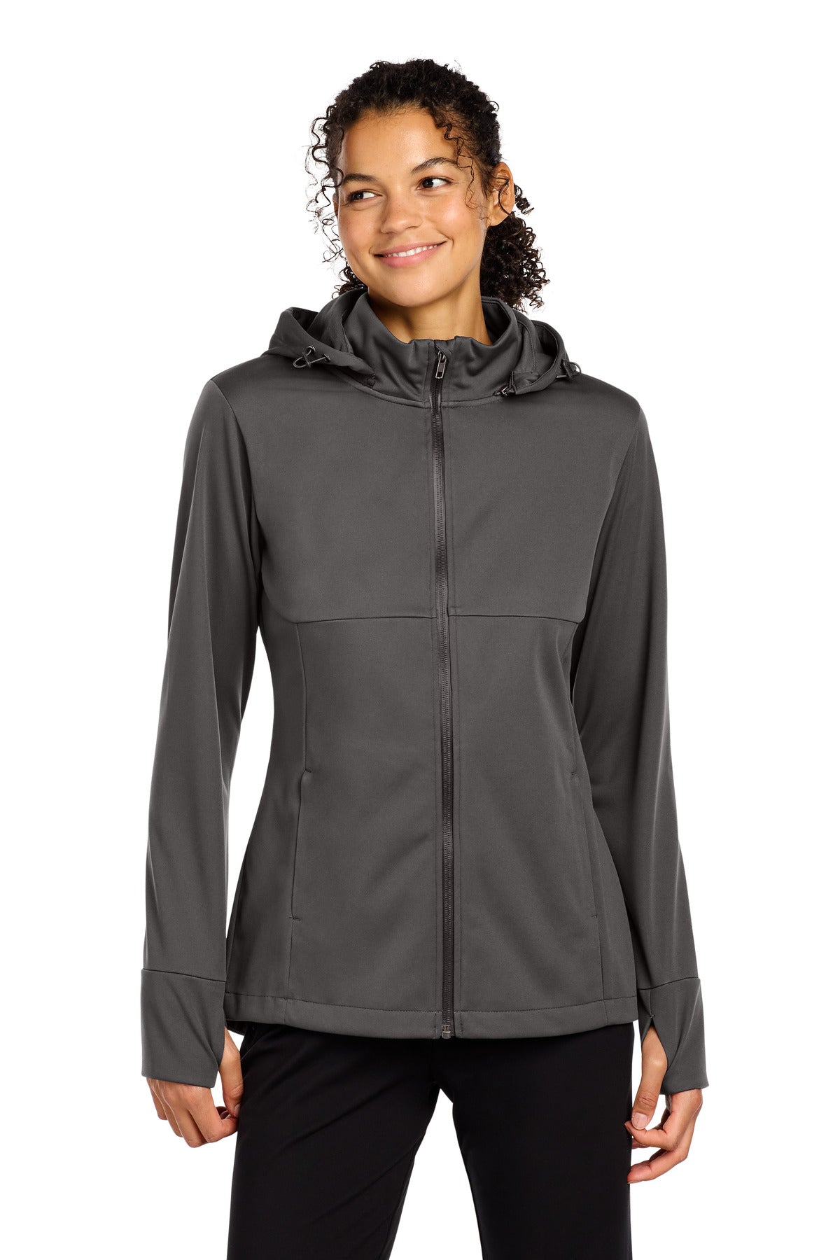 Sport-Tek Women's Hooded Soft Shell Jacket LST980 in Graphite