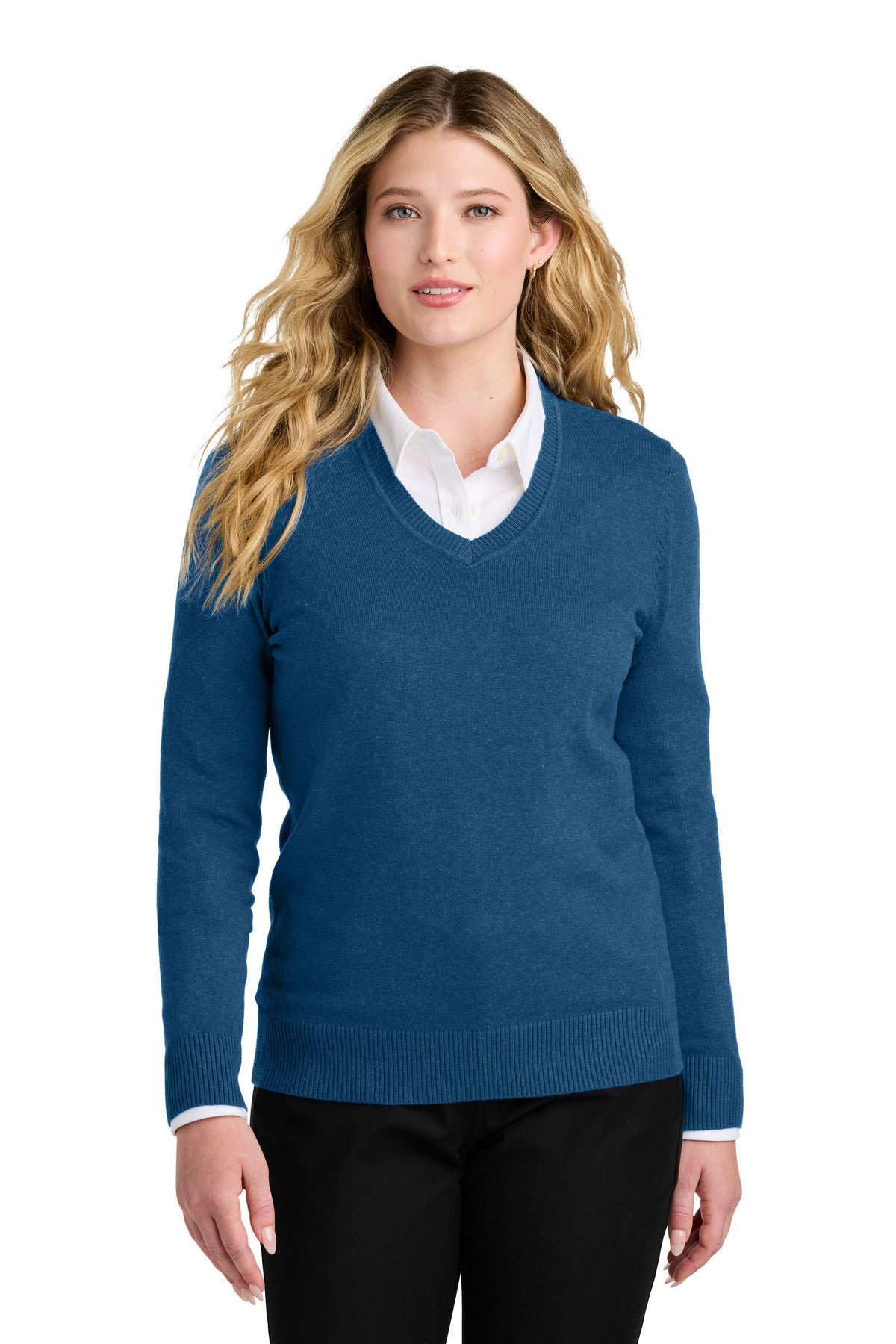 Port Authority Women's Easy Care V-Neck Sweater LSW2850 in Aegean Blue Heather