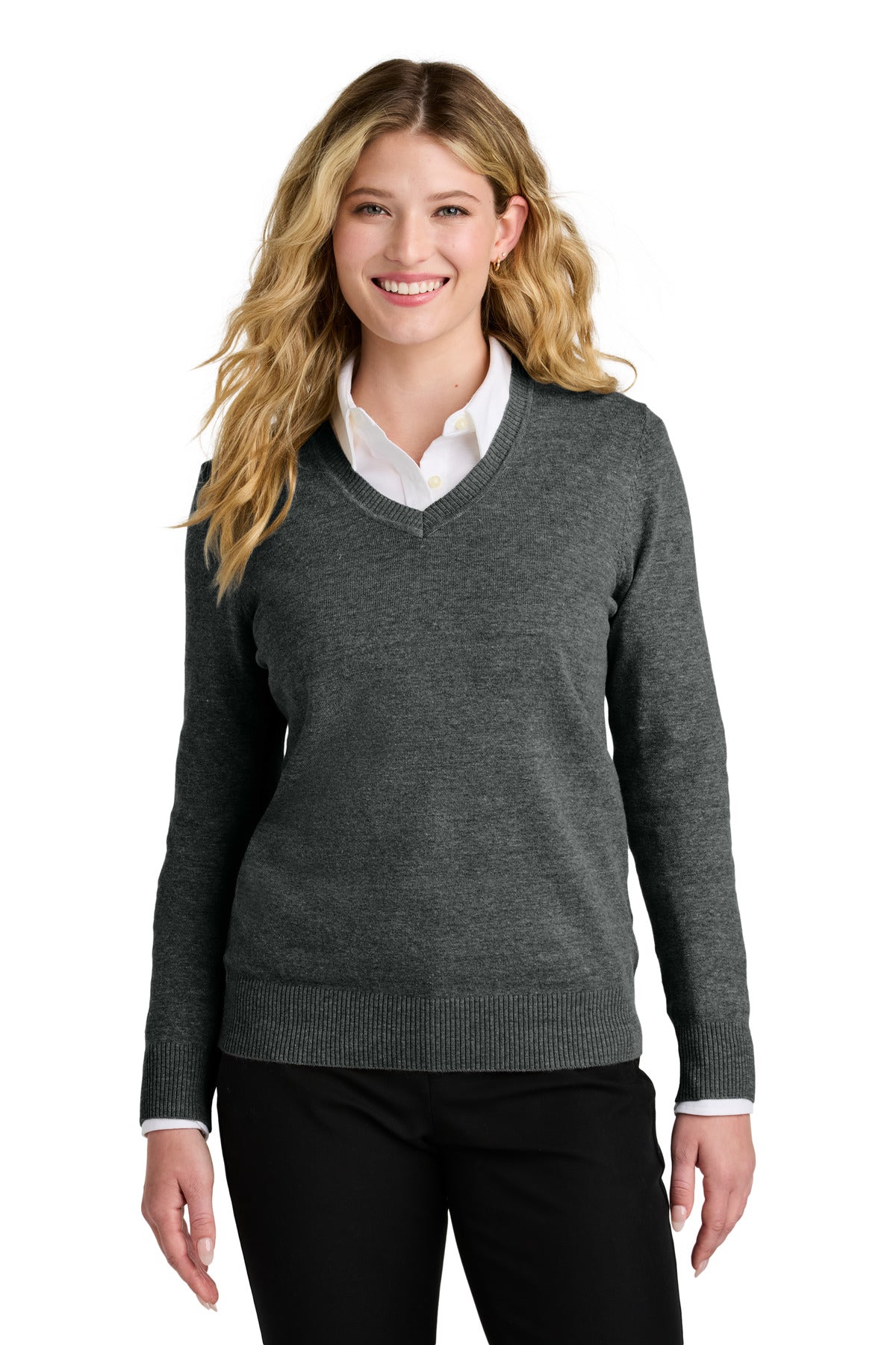 Port Authority Women's Easy Care V-Neck Sweater LSW2850 in Charcoal Heather