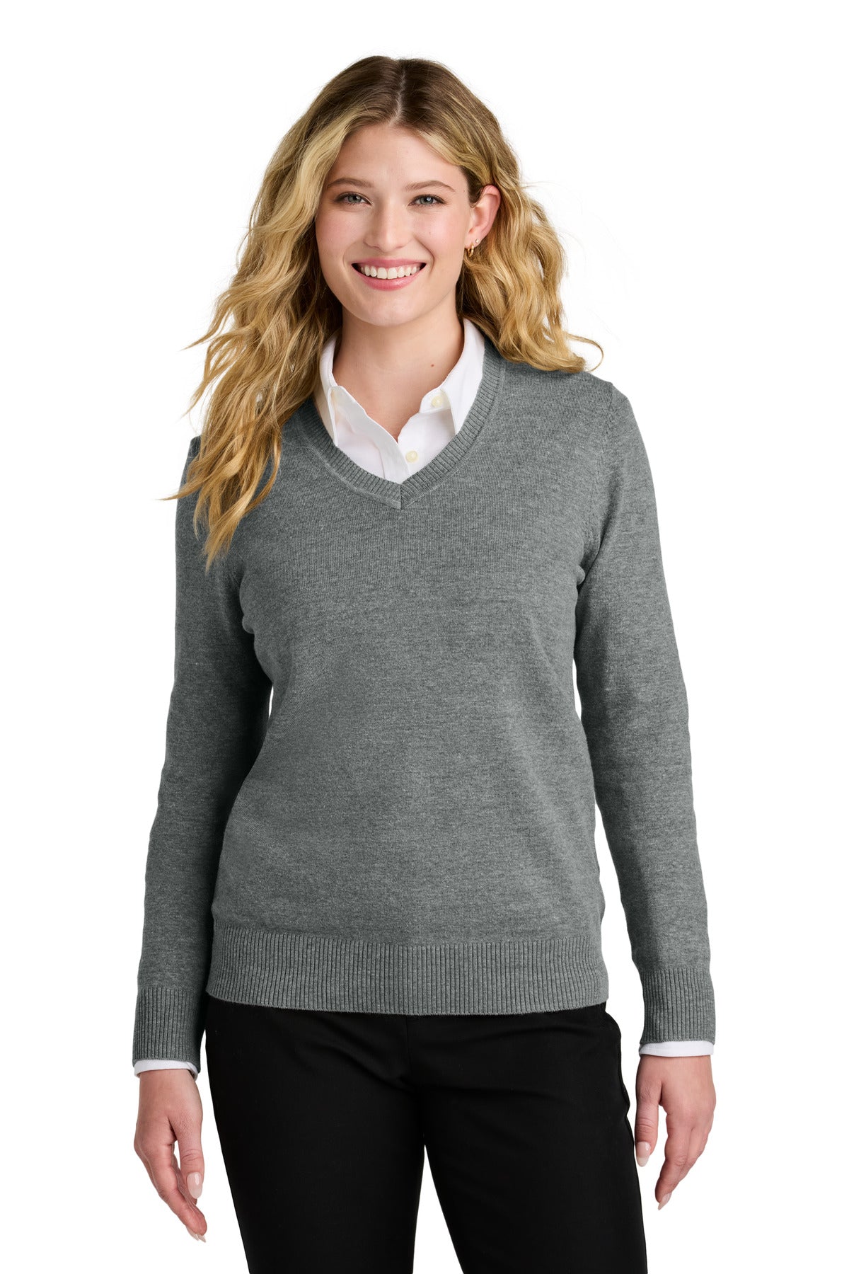 Port Authority Women's Easy Care V-Neck Sweater LSW2850 in Medium Heather Grey