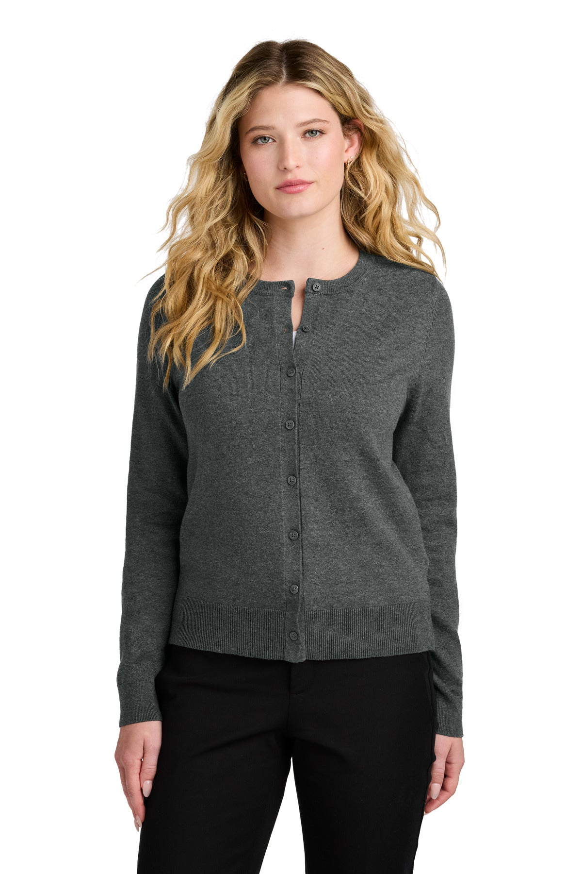 Port Authority Women's Easy Care Crewneck Cardigan Sweater LSW2870 in Charcoal Heather
