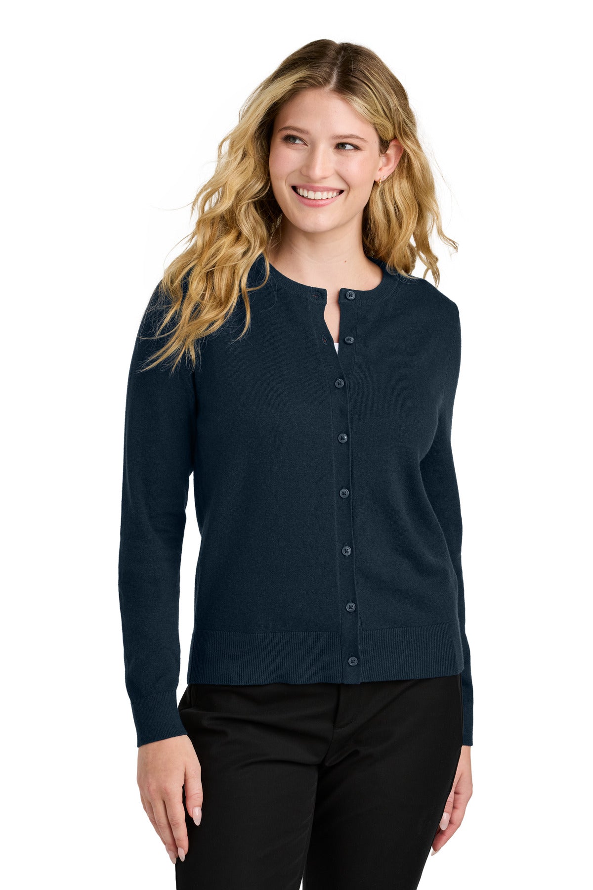 Port Authority Women's Easy Care Crewneck Cardigan Sweater LSW2870 in River Blue Navy