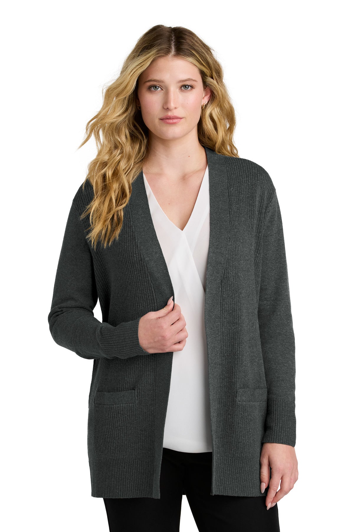 Port Authority Women's Easy Care Open-Front Cardigan Sweater LSW2890 in Charcoal Heather
