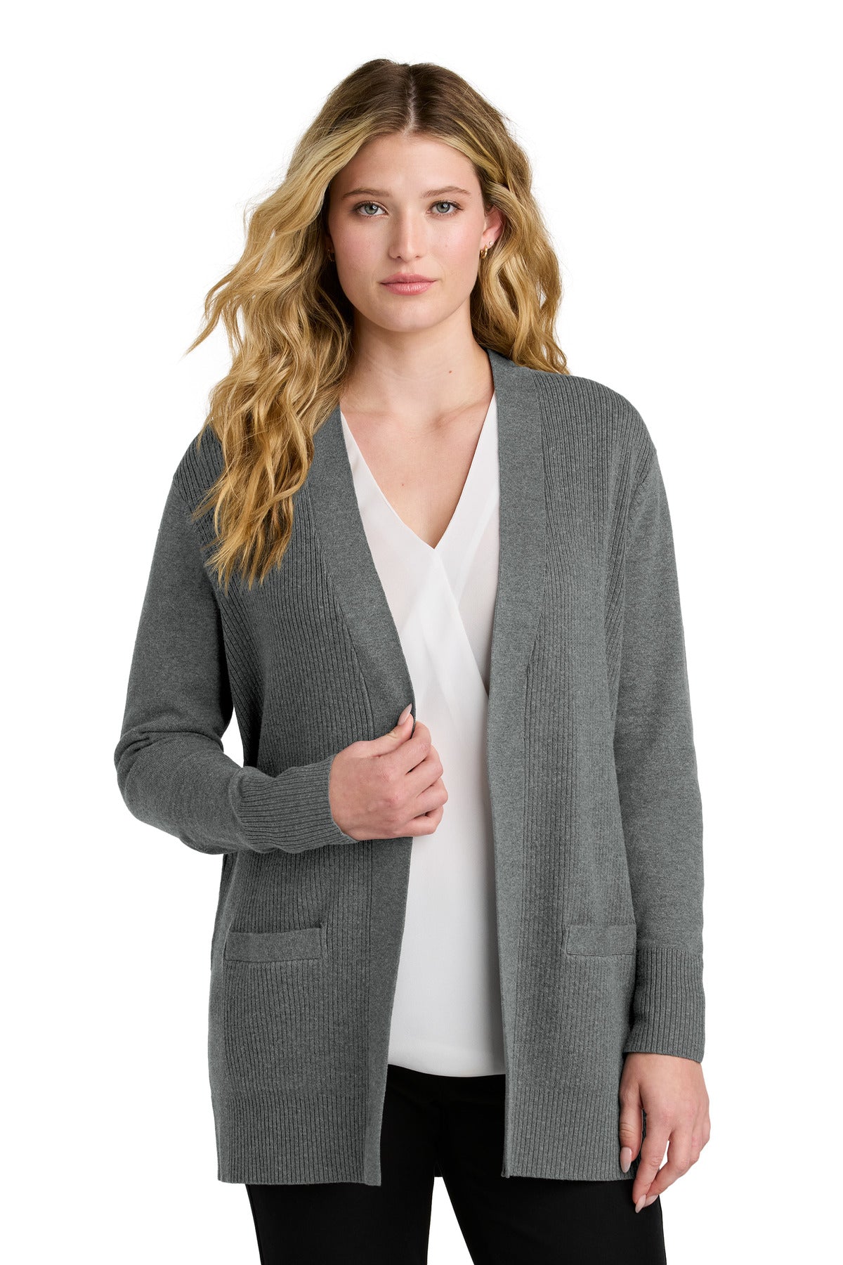 Port Authority Women's Easy Care Open-Front Cardigan Sweater LSW2890 in Medium Heather Grey