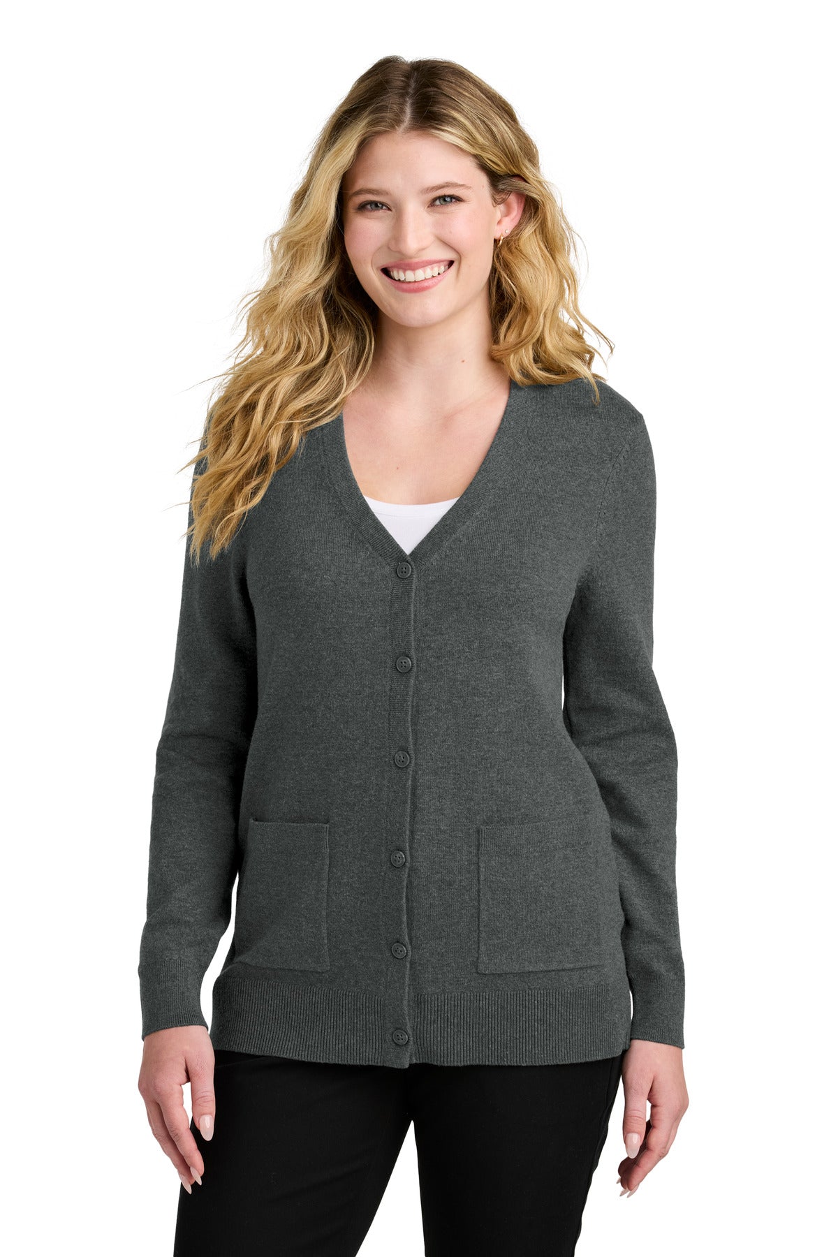 Port Authority Women's Easy Care Button-Up Cardigan Sweater LSW4150 in Charcoal Heather