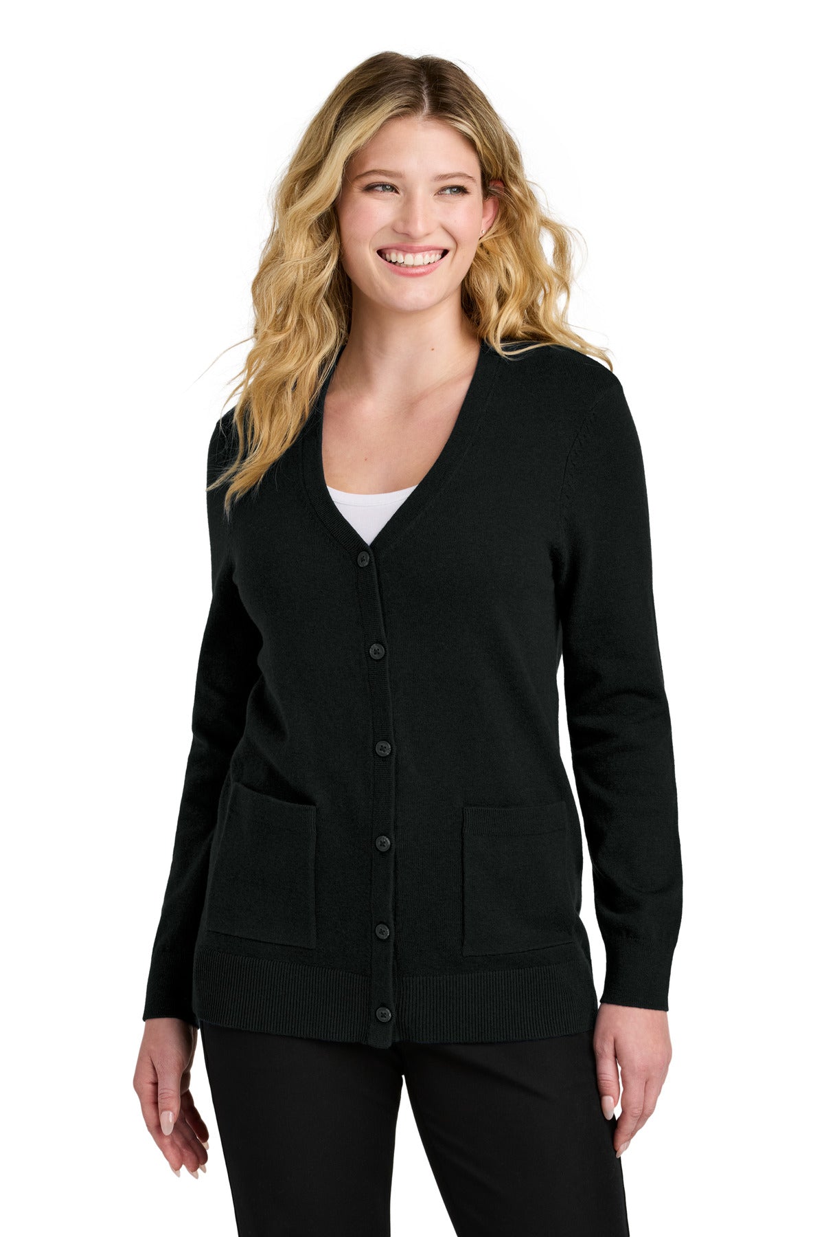 Port Authority Women's Easy Care Button-Up Cardigan Sweater LSW4150 in Deep Black