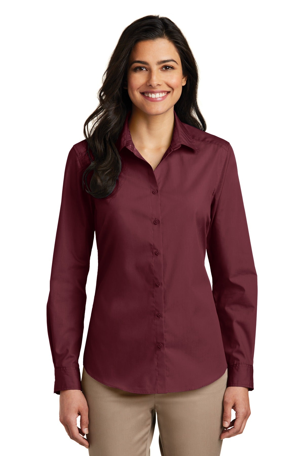 Port Authority Women's Long Sleeve Carefree Poplin Shirt. LW100 in Burgundy
