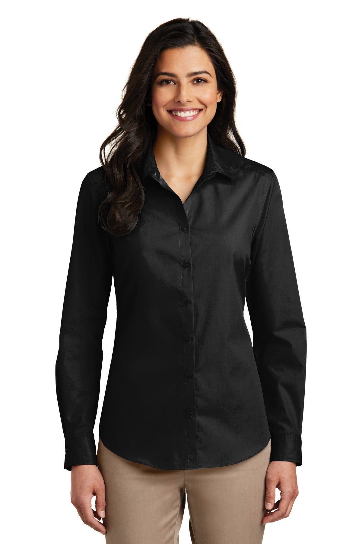 Port Authority Women's Long Sleeve Carefree Poplin Shirt. LW100 in Deep Black