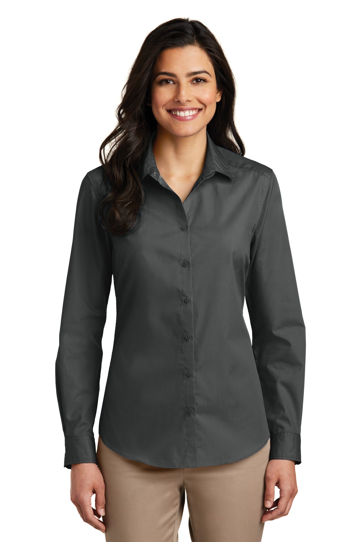 Port Authority Women's Long Sleeve Carefree Poplin Shirt. LW100 in Graphite