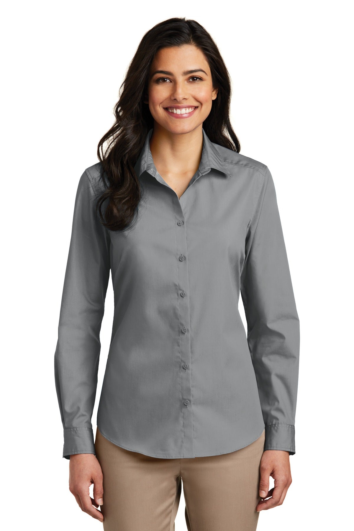 Port Authority Women's Long Sleeve Carefree Poplin Shirt. LW100 in Gusty Grey