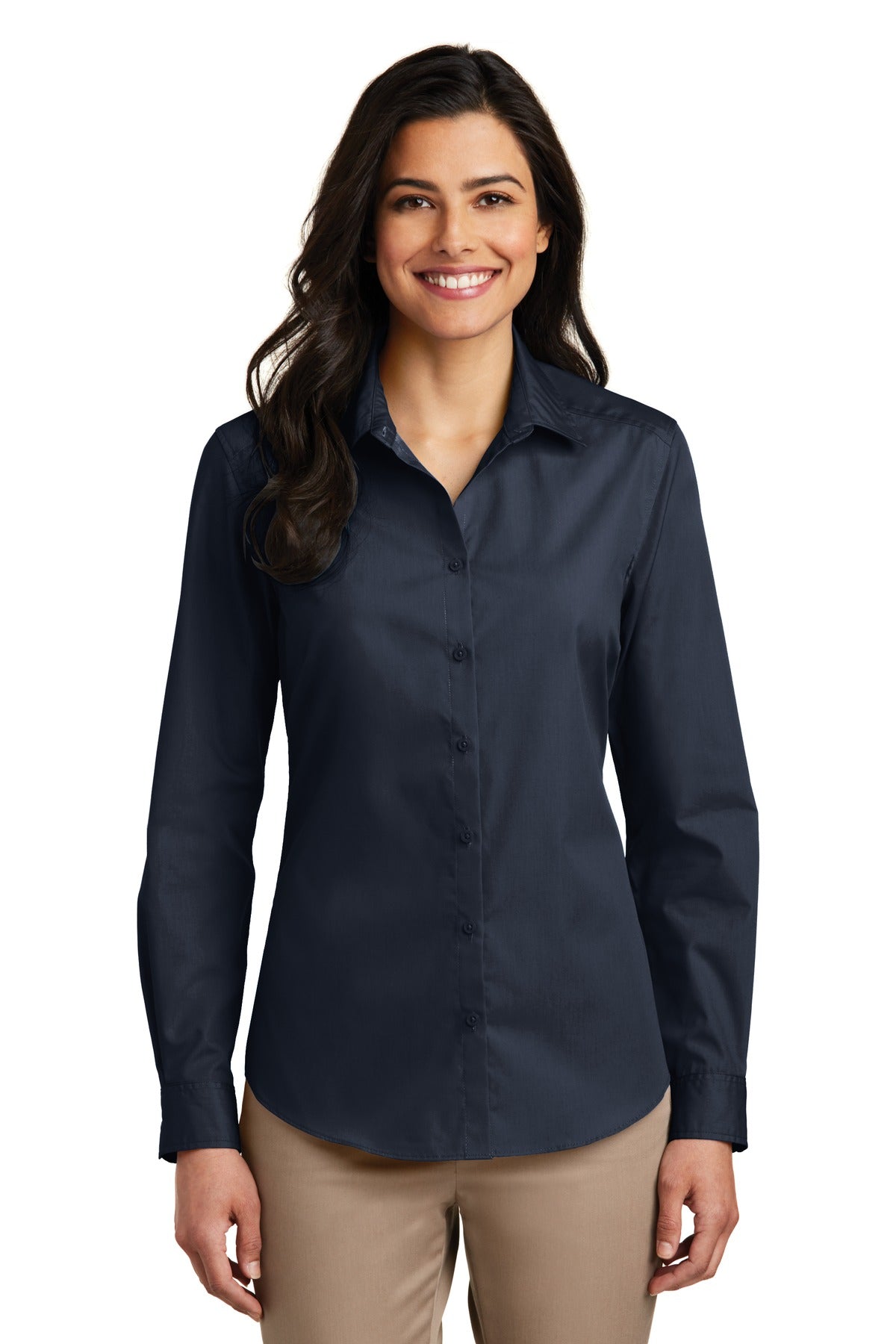 Port Authority Women's Long Sleeve Carefree Poplin Shirt. LW100 in River Blue Navy