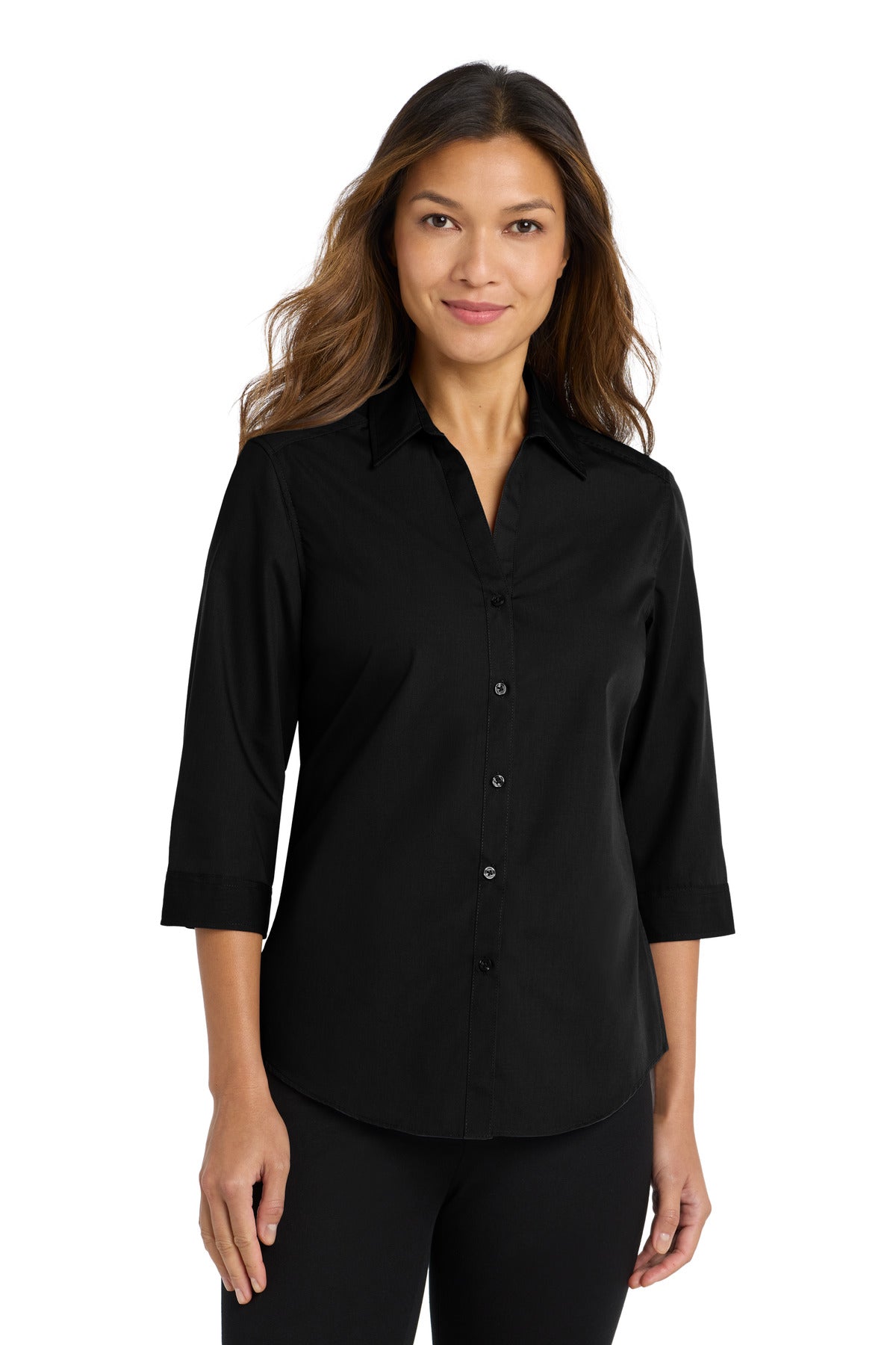 Port Authority Women's 3/4-Sleeve Carefree Poplin Shirt. LW102 in Deep Black