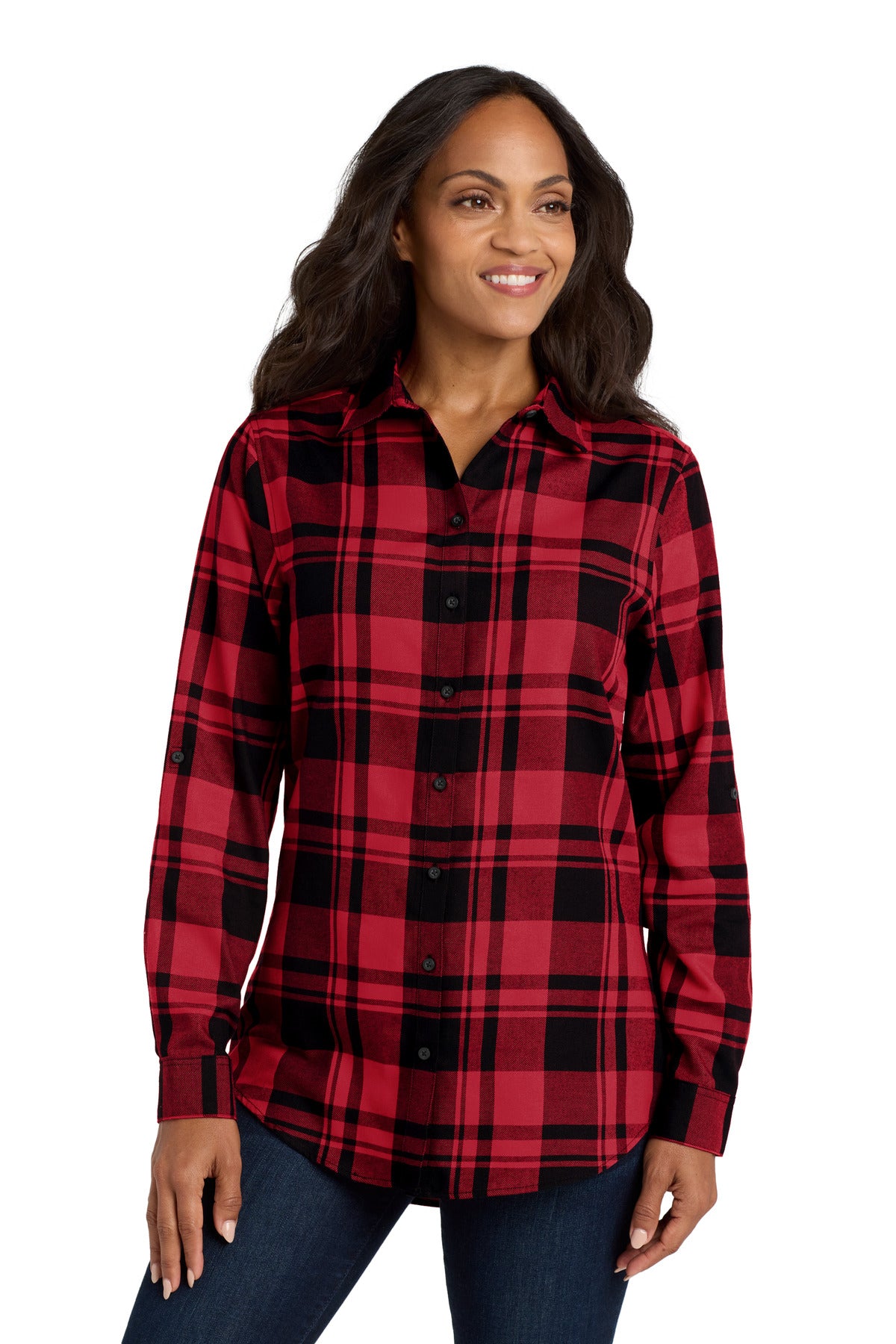 Port Authority Women's Plaid Flannel Tunic . LW668 in Engine Red/ Black
