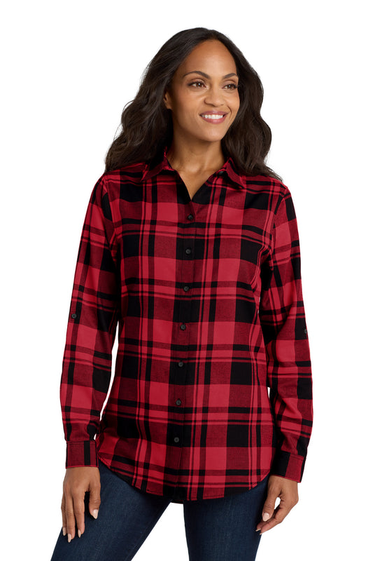 Port Authority Women's Plaid Flannel Tunic . LW668 in Engine Red/ Black