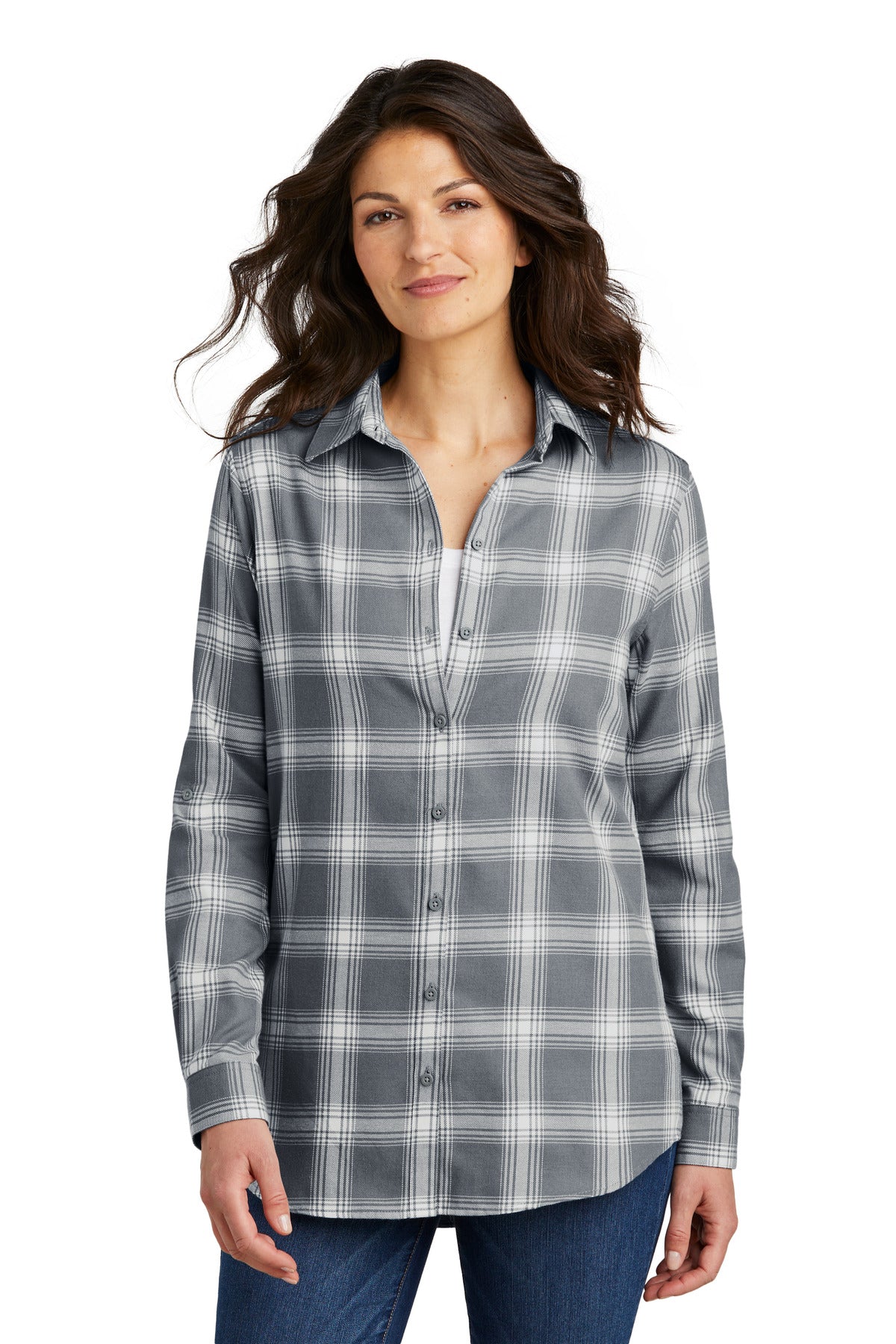 Port Authority Women's Plaid Flannel Tunic . LW668 in Grey/ Cream Open Plaid