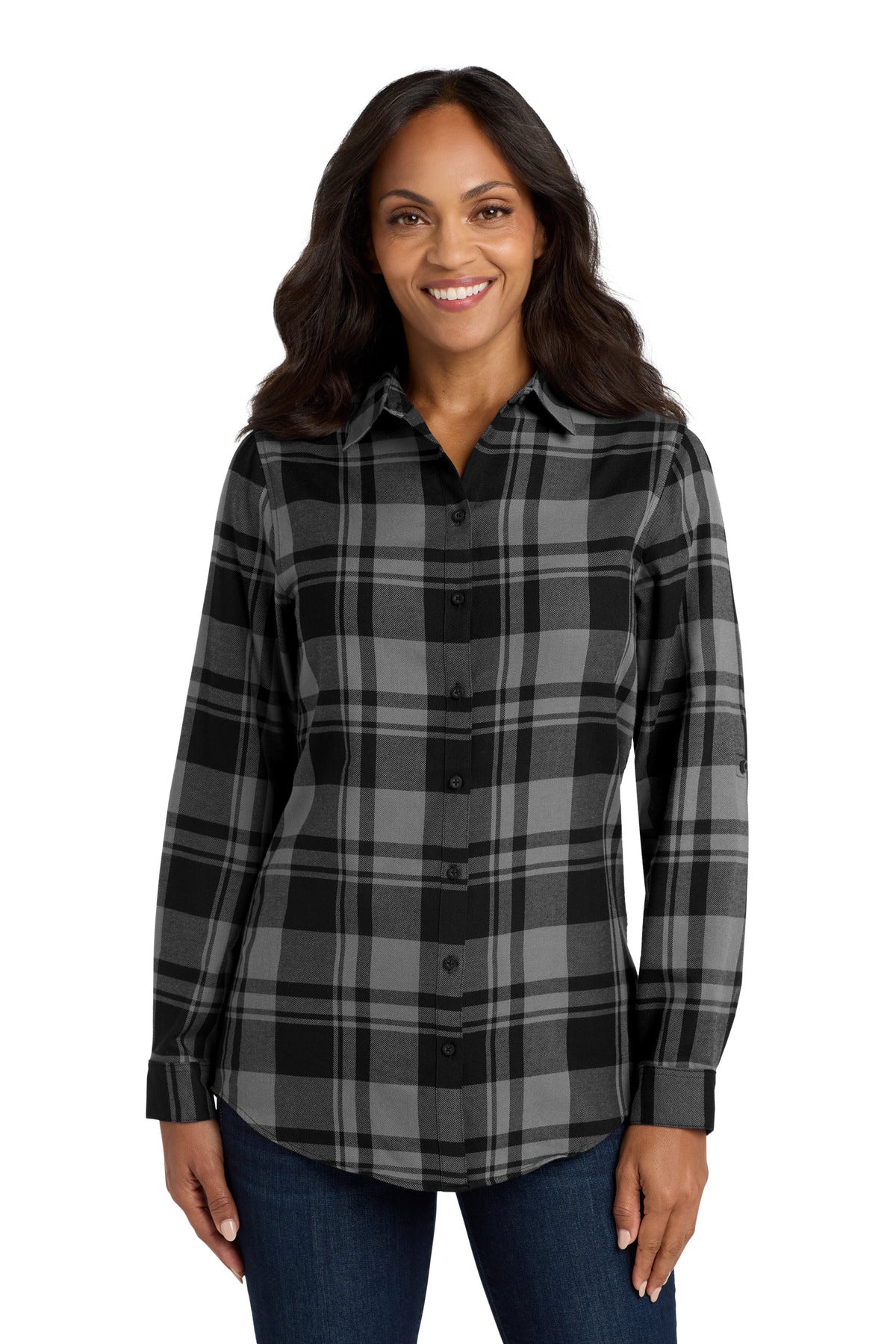 Port Authority Women's Plaid Flannel Tunic . LW668 in Grey/ Black
