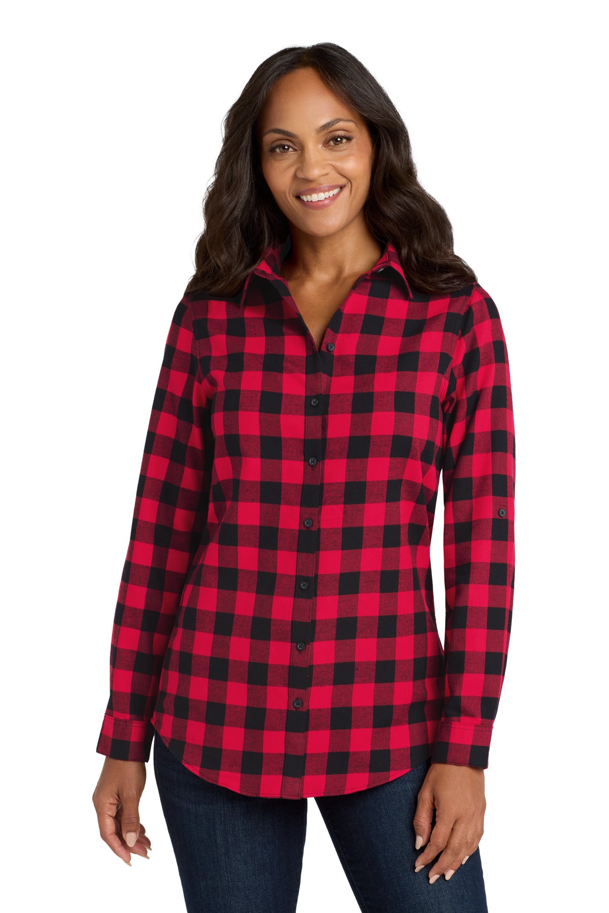 Port Authority Women's Plaid Flannel Tunic . LW668 in Red/ Black Buffalo Check