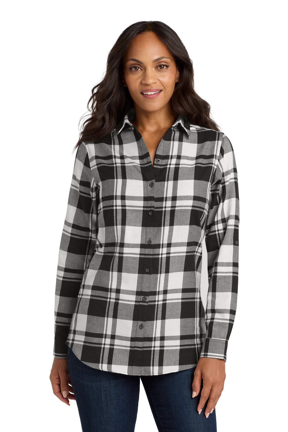 Port Authority Women's Plaid Flannel Tunic . LW668 in Snow White/ Black