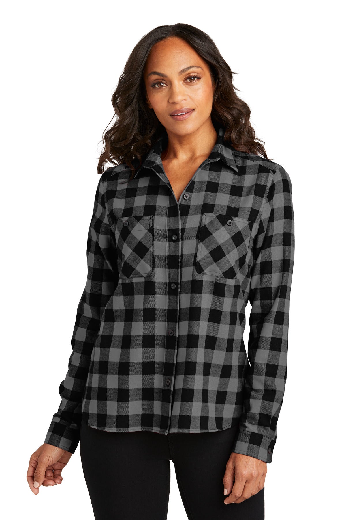 Port Authority Women's Plaid Flannel Shirt LW669 in Grey/ Black Buffalo Check