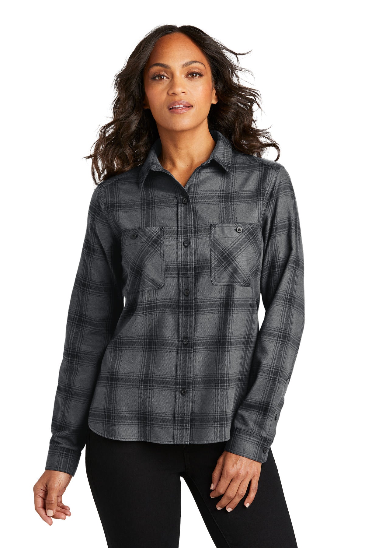 Port Authority Women's Plaid Flannel Shirt LW669 in Grey/ Black Open Plaid