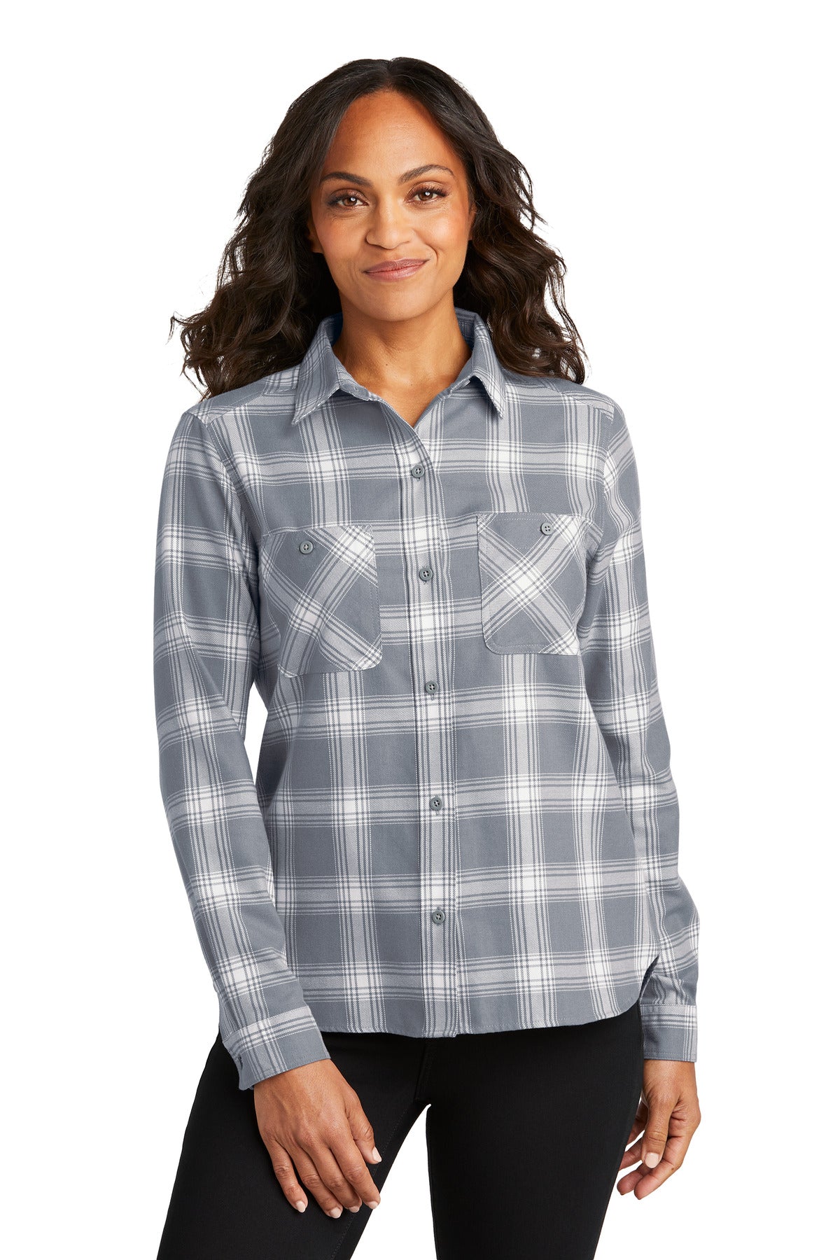 Port Authority Women's Plaid Flannel Shirt LW669 in Grey/ Cream Open Plaid