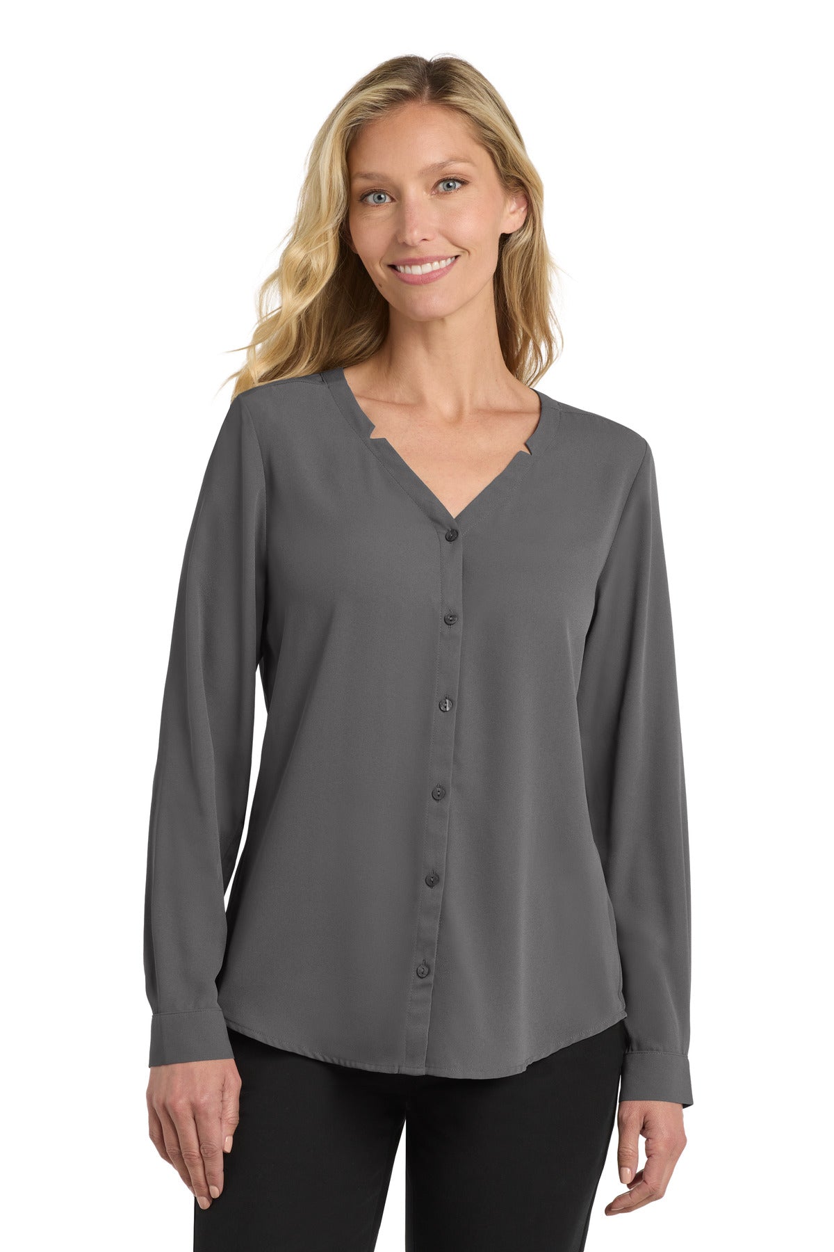 Port Authority Women's Long Sleeve Button-Front Blouse. LW700 in Sterling Grey