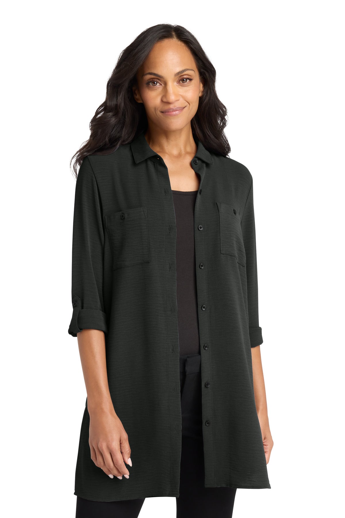 Port Authority Women's Textured Crepe Long Tunic LW715 in Deep Black