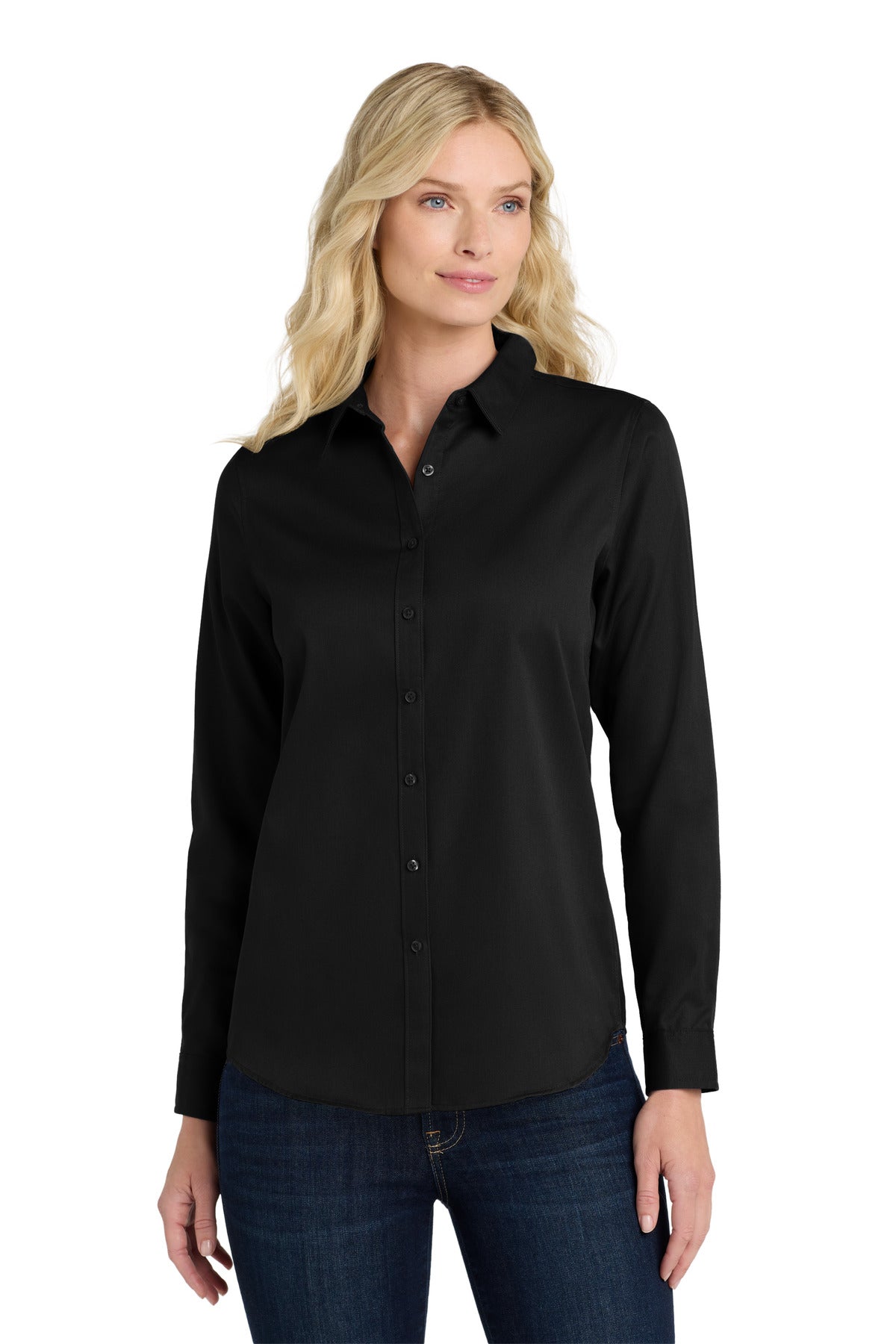 Port Authority Women's Long Sleeve SuperPro ReactTwill Shirt. LW808 in Deep Black