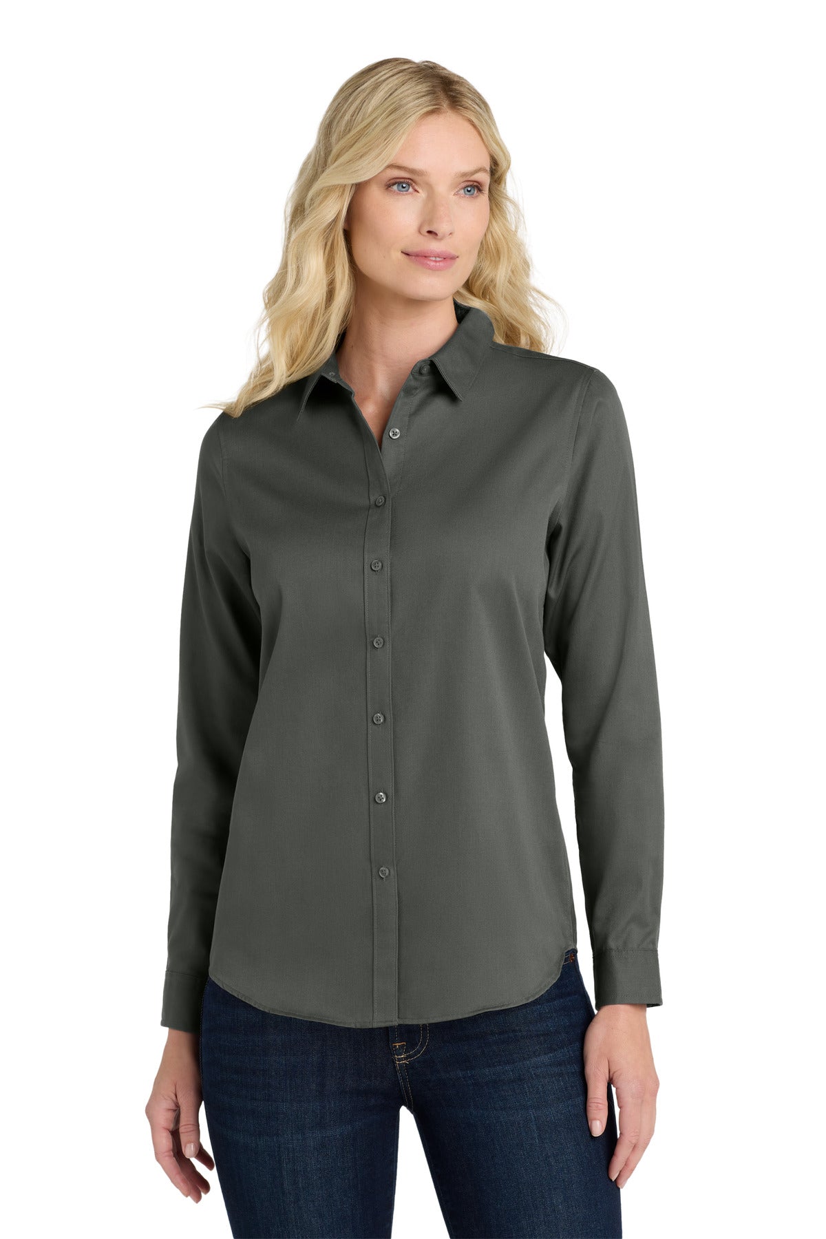 Port Authority Women's Long Sleeve SuperPro ReactTwill Shirt. LW808 in Storm Grey