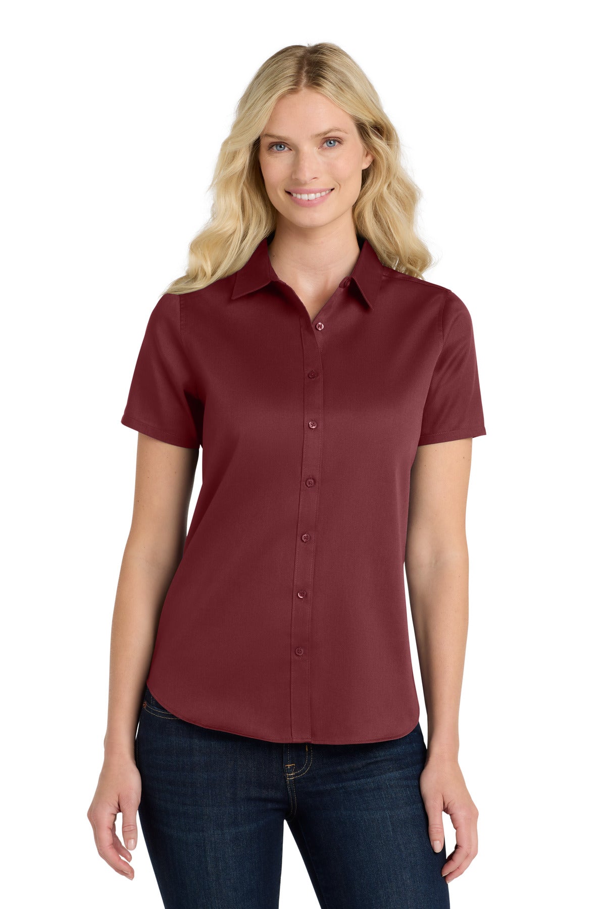 Port Authority Women's Short Sleeve SuperPro ReactTwill Shirt. LW809 in Burgundy